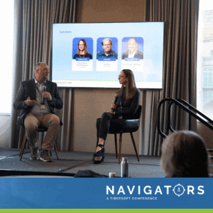 Ryan Merriman of Kellanova discusses FAFH data challenges with Suzanne Cwik, VP at Tibersoft, on stage during the Navigators 2025 conference