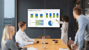 A woman presents graphs and charts on a screen to three colleagues in a modern office meeting room.